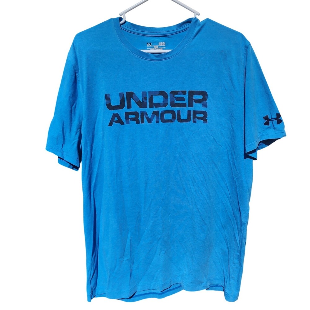 Under Armour Mens HeatGear Charged Cotton Blue Camo Logo T-Shirt Large Loose